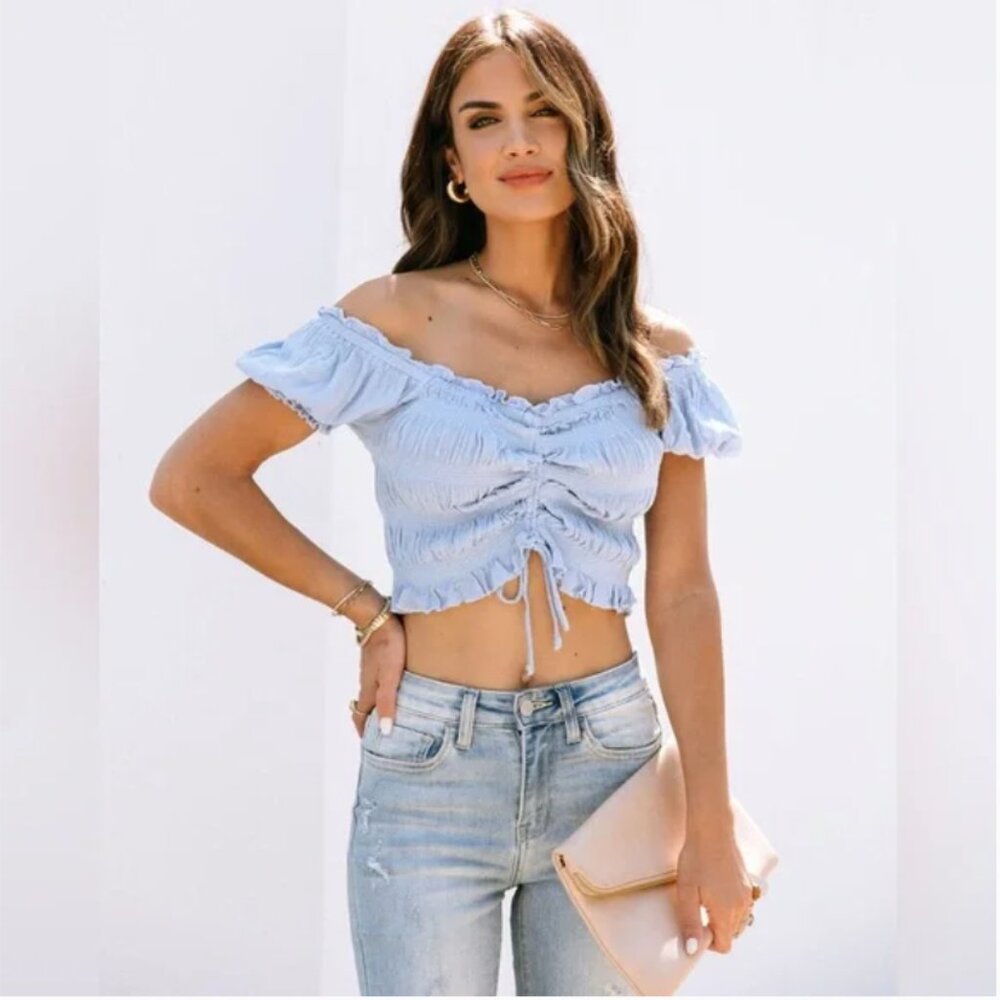 Forever 21 Smocked Tie Front Ruched & Ruffled Peasant Crop Top, Light Blue S
